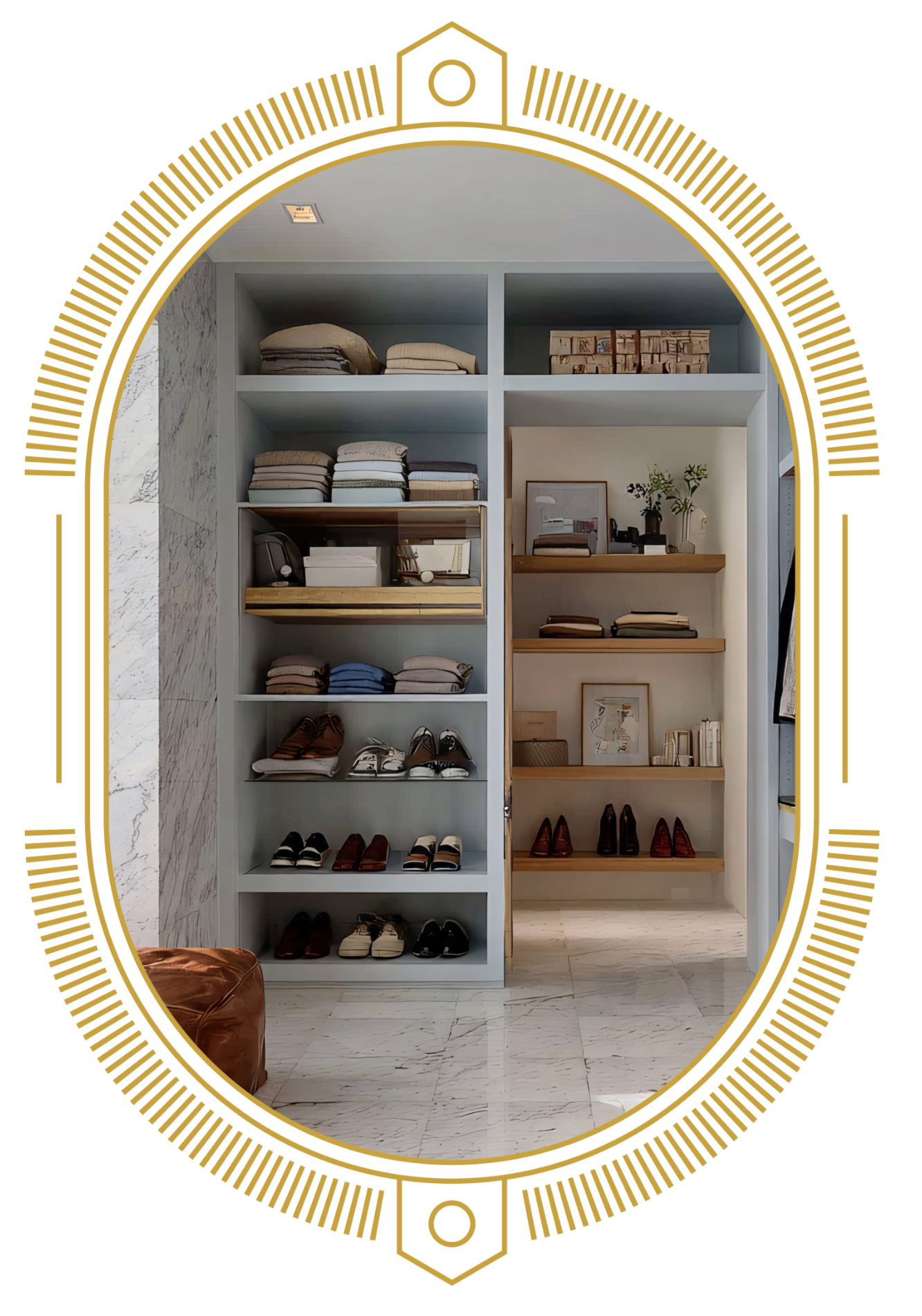 Closet with shelves of folded clothes, shoes, and decorative items.