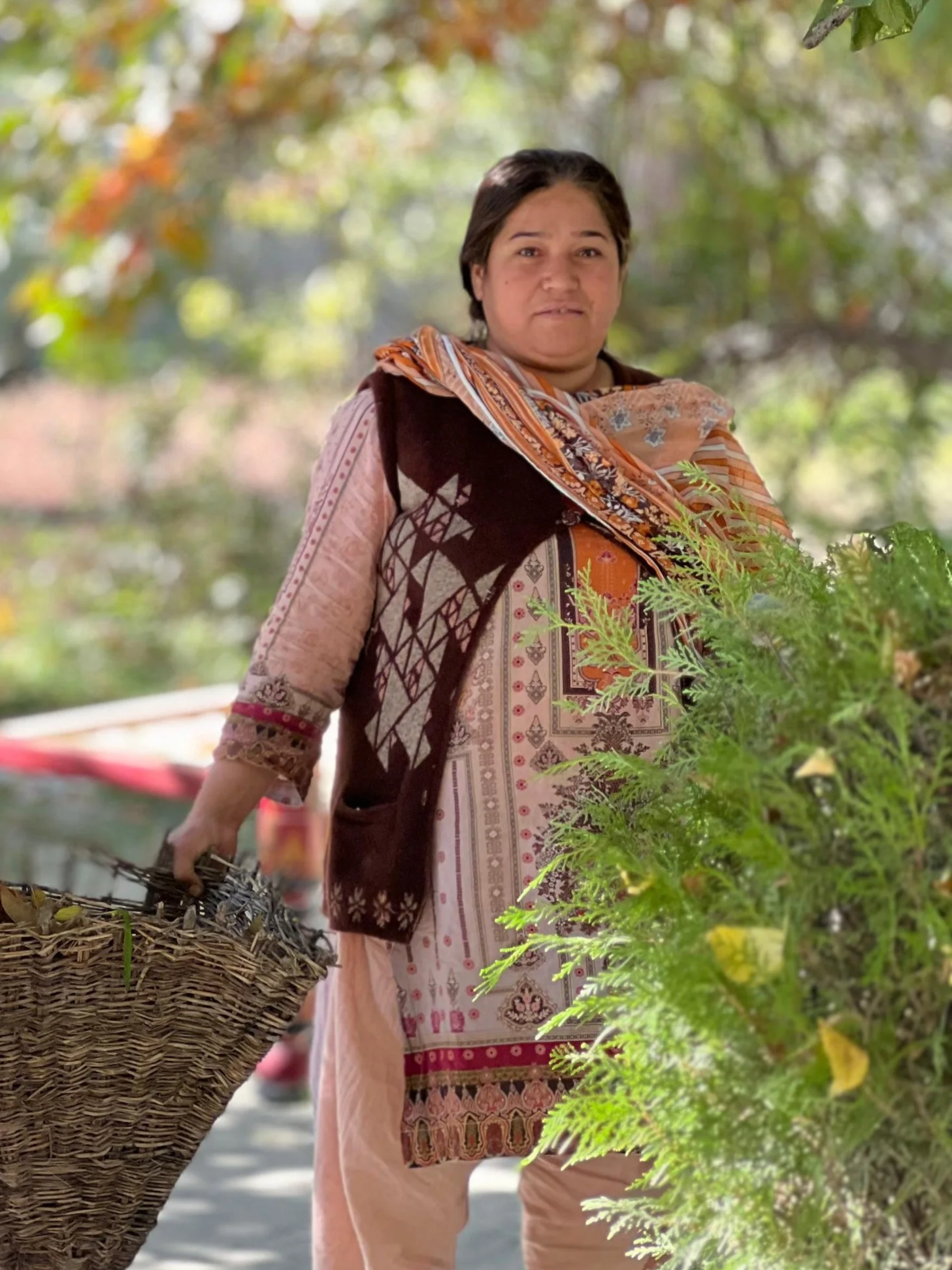 A woman wearing traditional South Asian attire, holding a woven basket, standing outdoors among trees with green and autumn-colored leaves.