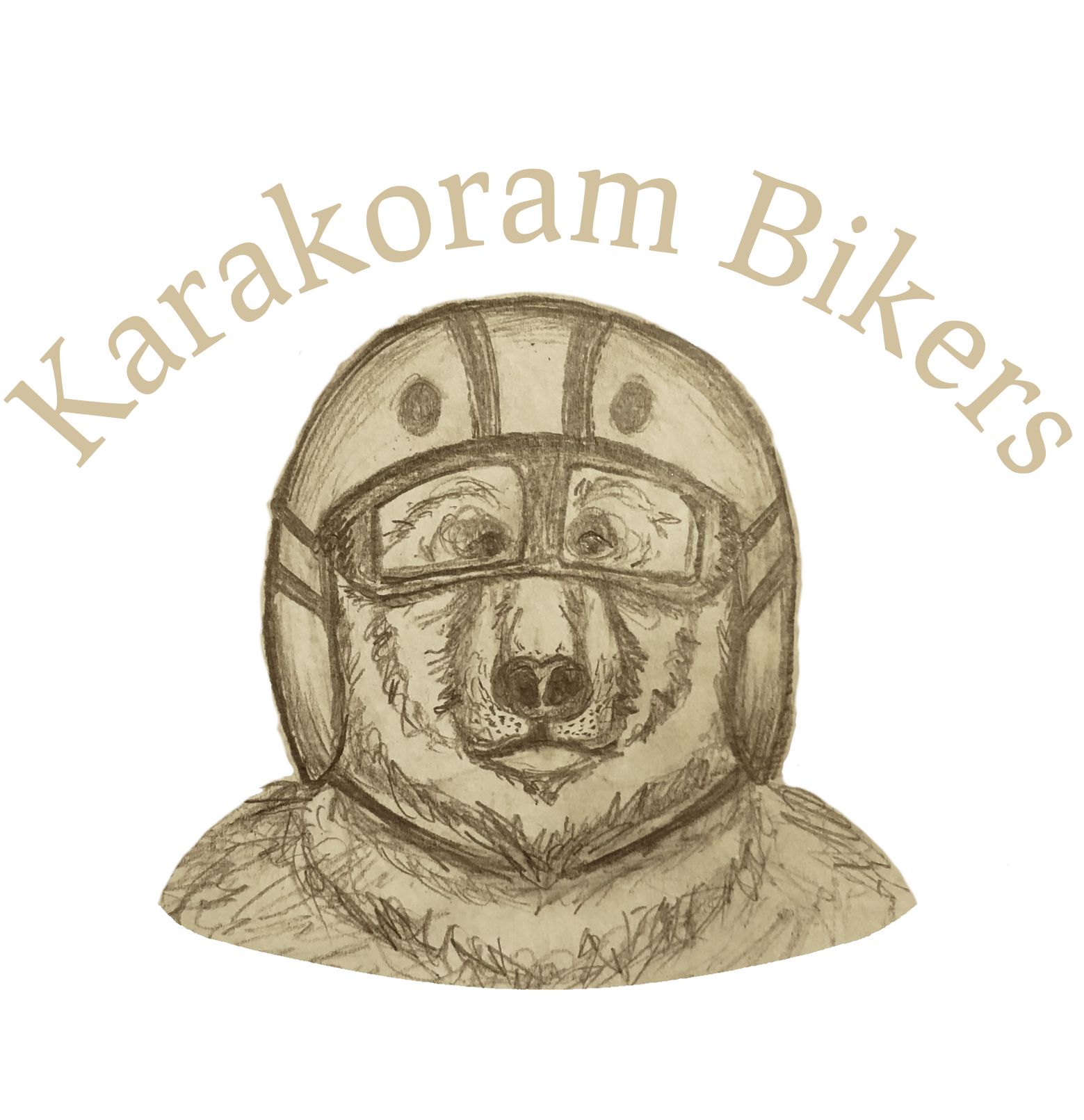 A pencil sketch of a dog wearing pilot goggles and a helmet, with the words Karakoram Bikers written above.