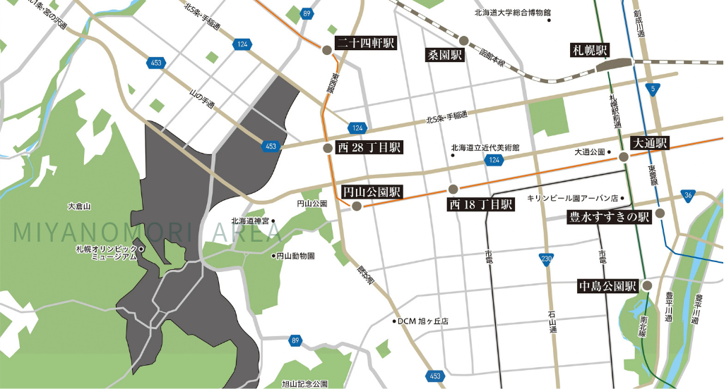 北海道の札幌市エリアの地図。複数の駅名や公園名が記されている。