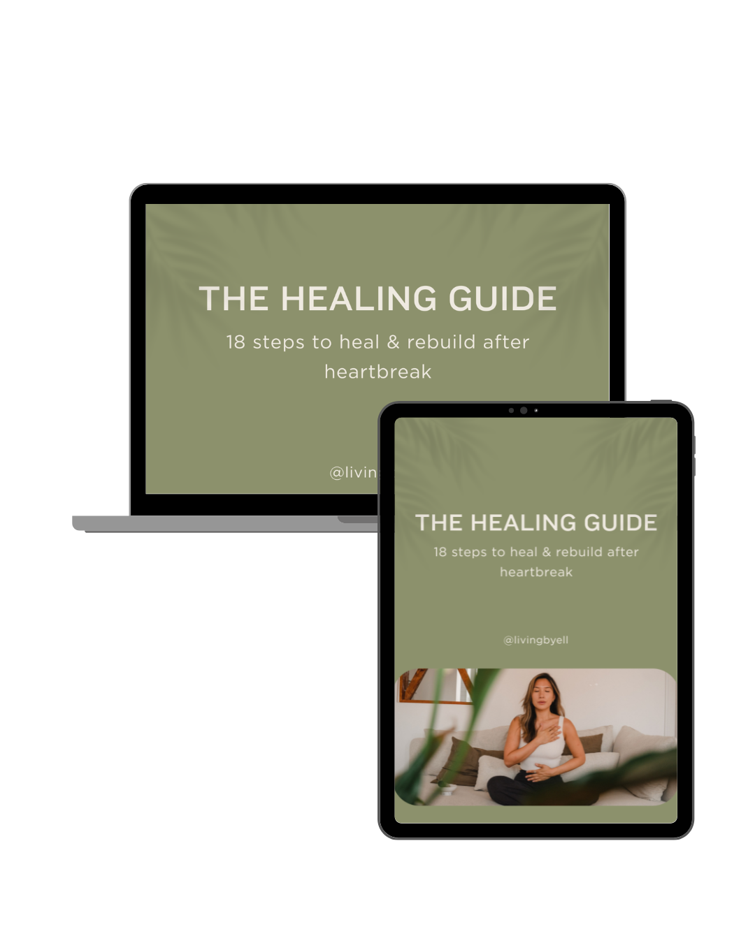 Cover image of a book titled "The Healing Guide" on a laptop and tablet screens, with the subtitle "18 steps to heal & rebuild after heartbreak." The tablet features a woman sitting on a sofa, holding her chest with her eyes closed, with a plant in the foreground.