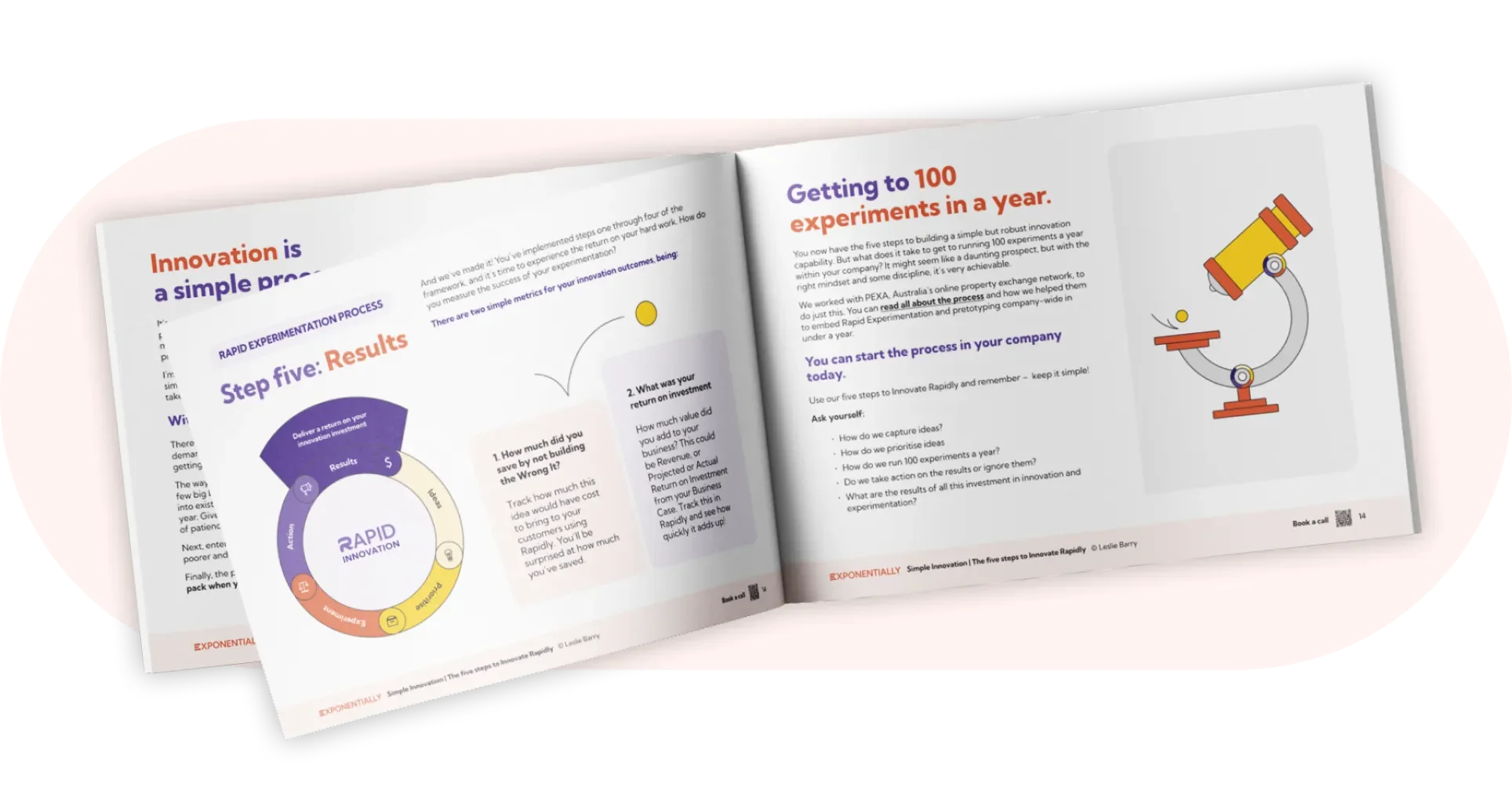 Open booklet showing pages with text, charts, and an illustration of a microscope with a yellow orb.