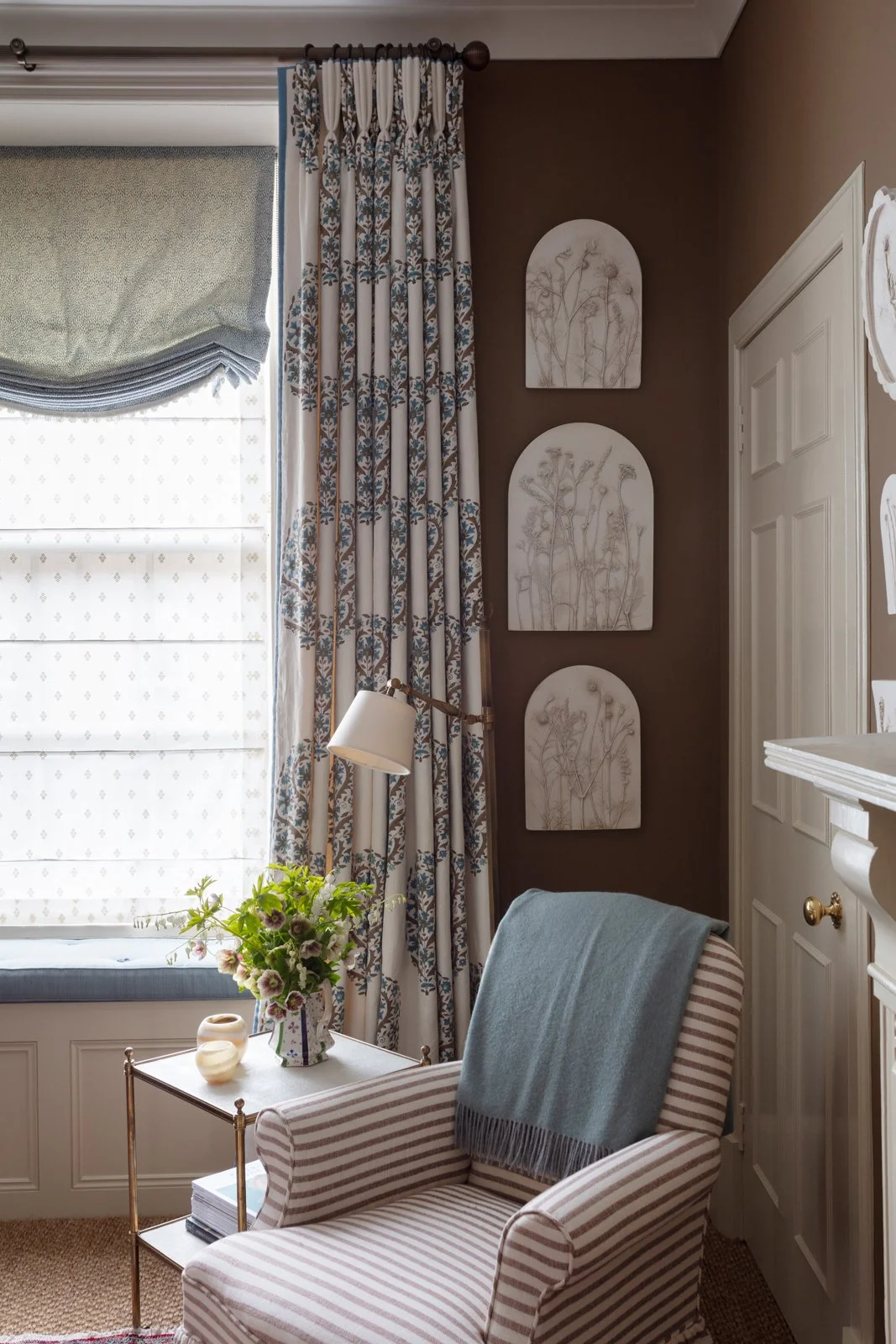 Botanical plaster casts by Imprint Casts hanging in an elegant Scottish interior with dark brown walls by Jessica Buckley