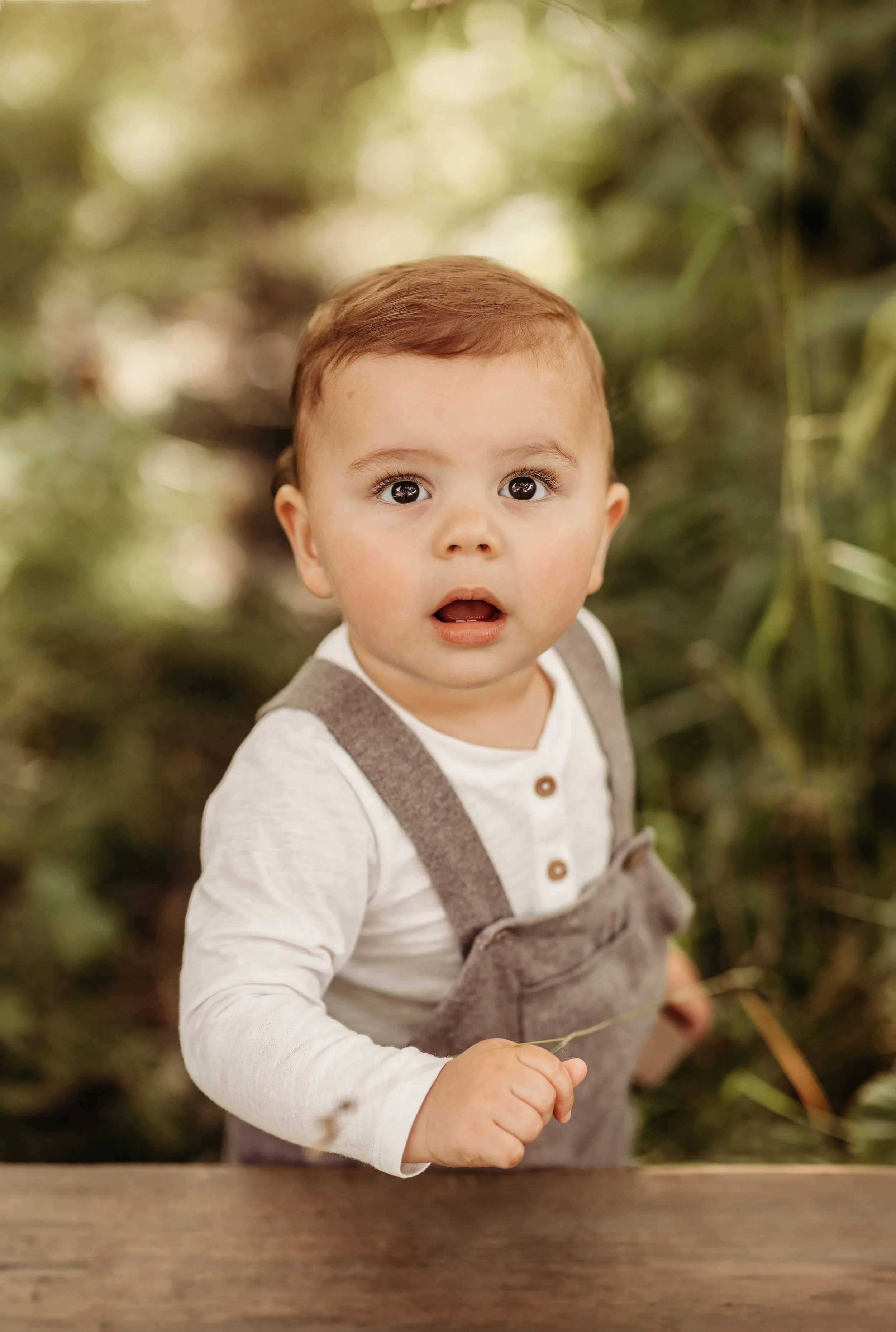 En liten gutt med brunt hår og store øyne, iført en hvit langermet skjorte og brunt antrekk, står utenfor med grønne planter i bakgrunnen.