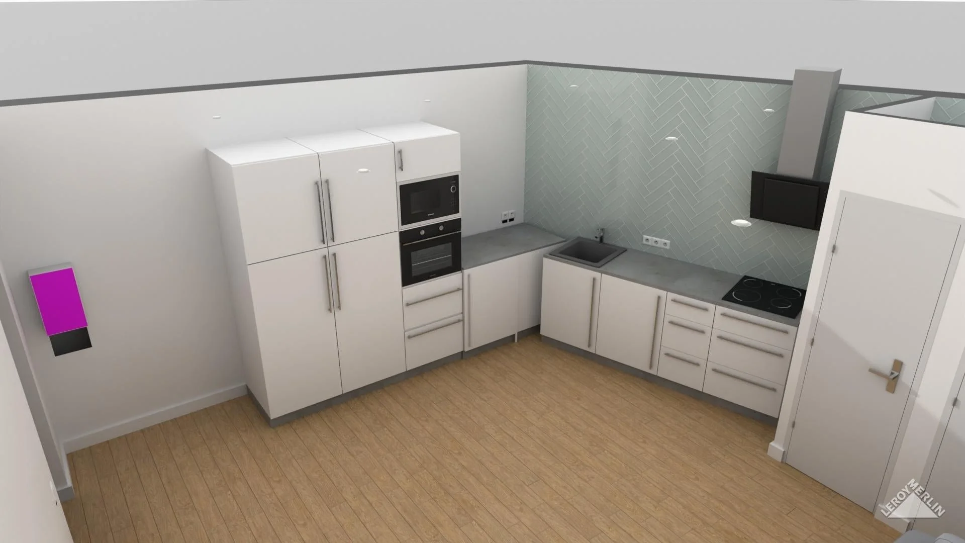 Cuisine moderne avec armoires blanches, four et micro-ondes encastrés, évier en acier inoxydable, plaque de cuisson électrique, mur en carreaux de saule gris, sol en bois clair, petite télévision murale, et un mur avec une porte blanche.