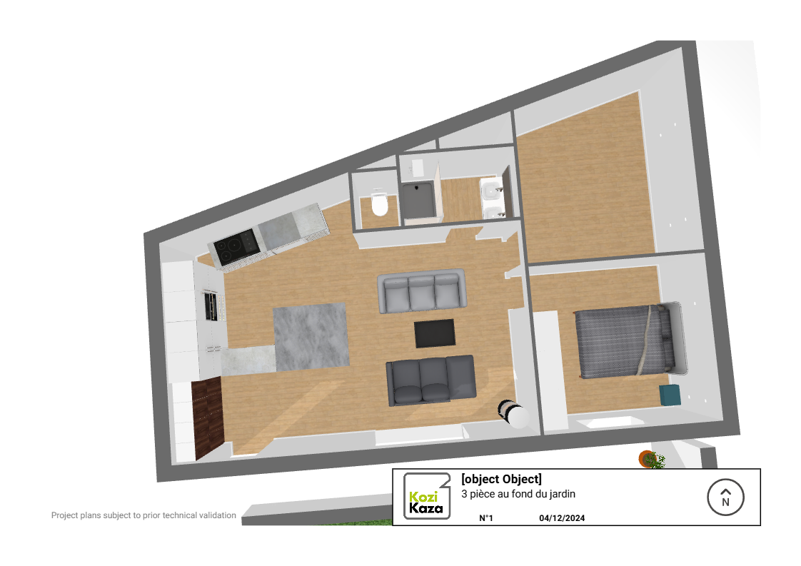 Plan d'un appartement avec une cuisine, un salon, une chambre, une salle de bain et un WC, dans un style moderne.