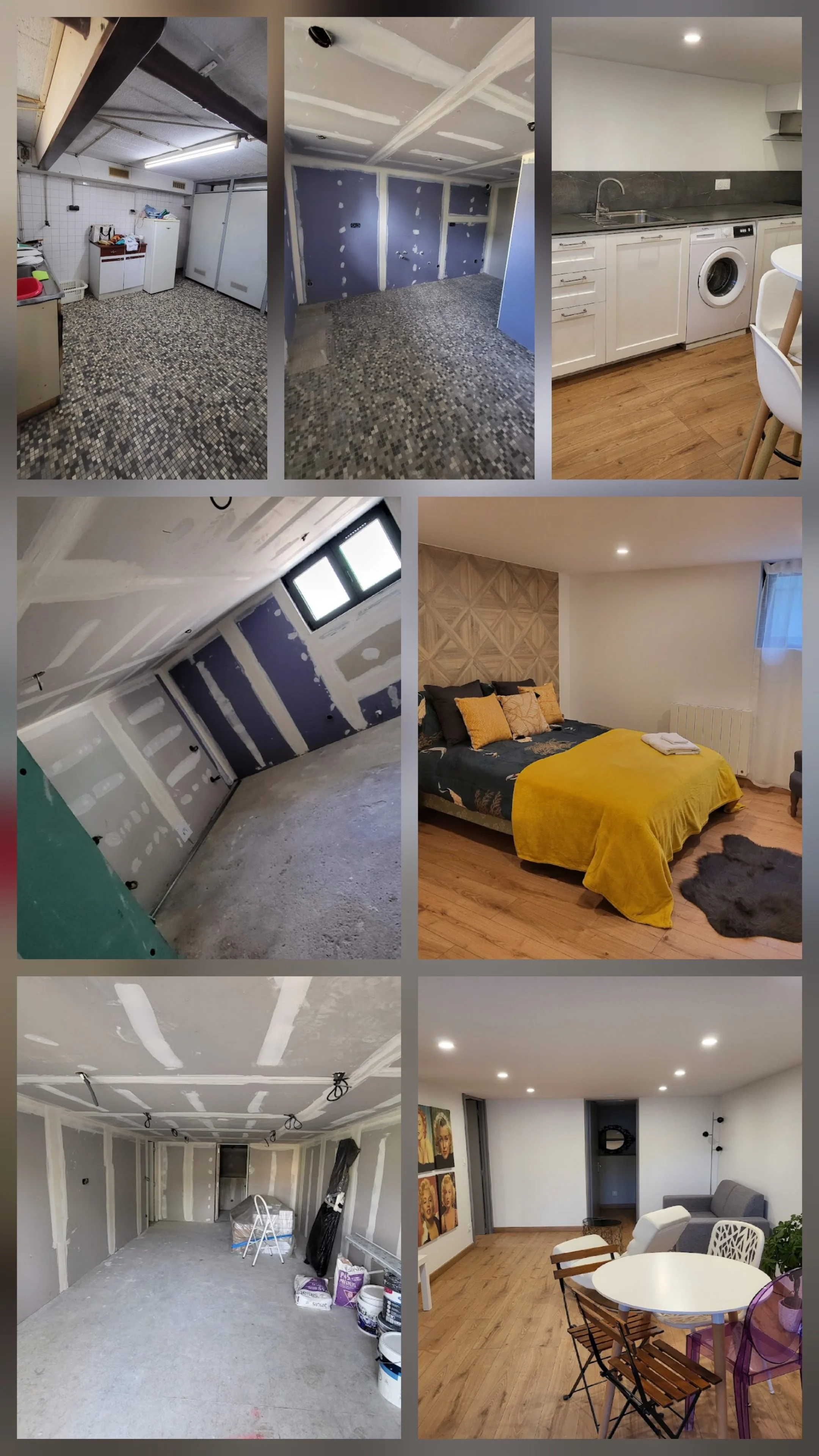 Une série de photos montrant la rénovation de différentes pièces d'une maison, y compris une buanderie, une chambre en cours de finition, une cuisine moderne, une salle de séjour avec travaux en cours, une chambre finie avec décoration, et un salon avec mobilier moderne.