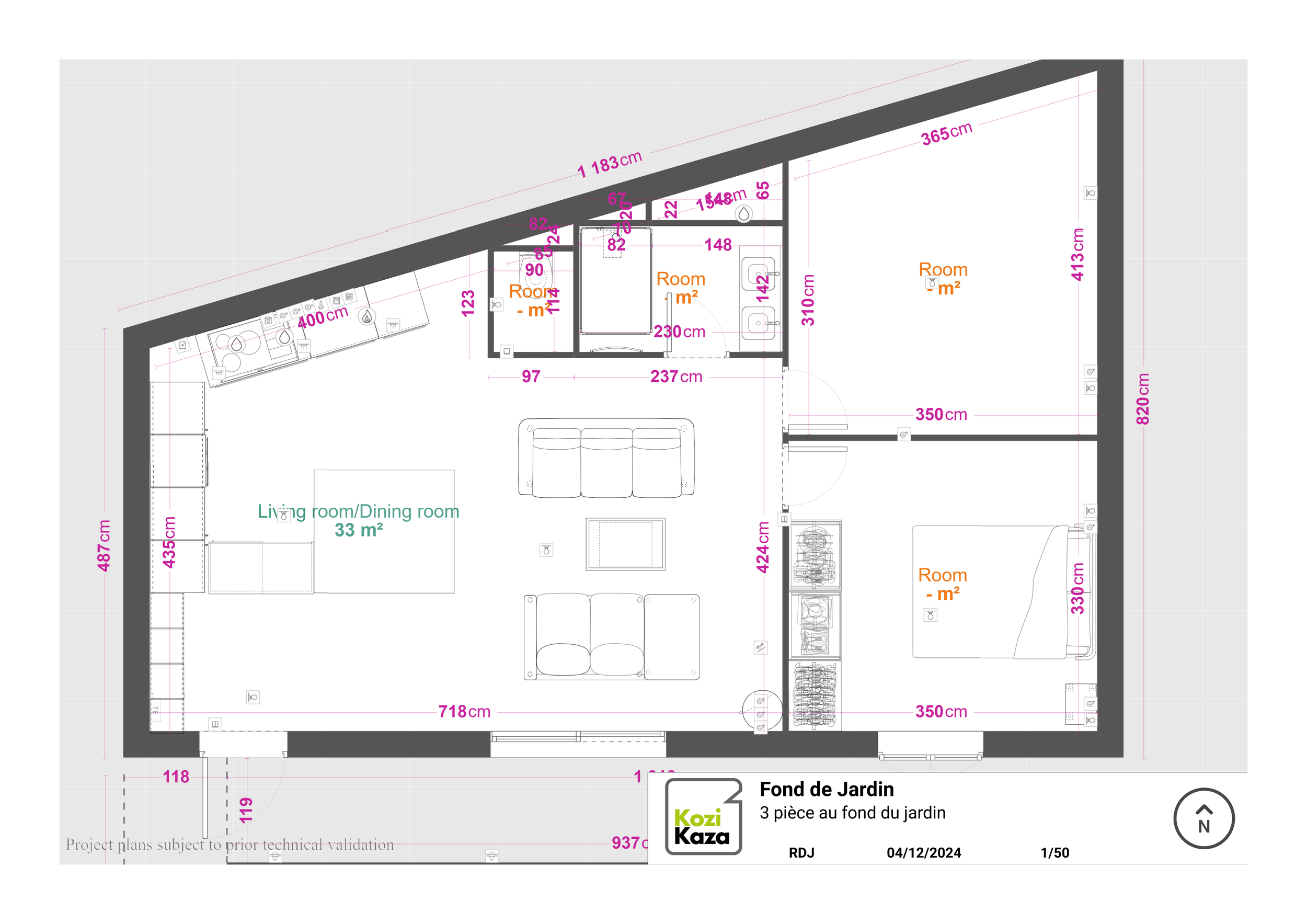 Plan architectural d'une maison avec différentes pièces, incluant un salon avec salle à manger, deux chambres, une cuisine, une salle de bain, avec des mesures en centimètres et des annotations en français.