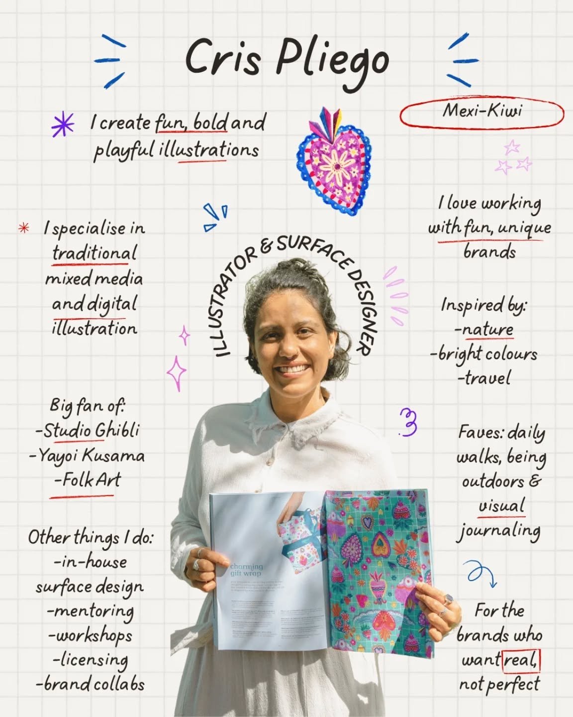 Reintroducing myself 💛
I'm Cris, a Mexi-kiwi creative living in Ōtautahi, NZ. I make illustration + surface design in two flavours: analogue &amp; digital. I draw my inspiration from nature, travel and my Mexican roots (hello folk art).
Behind the s