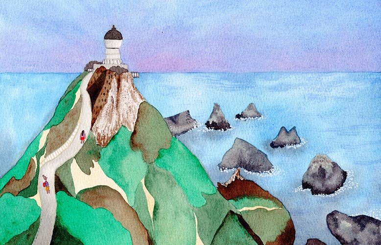 Lighthouse - Nugget Point, New Zealand - Watercolour artwork by Cris Pliego