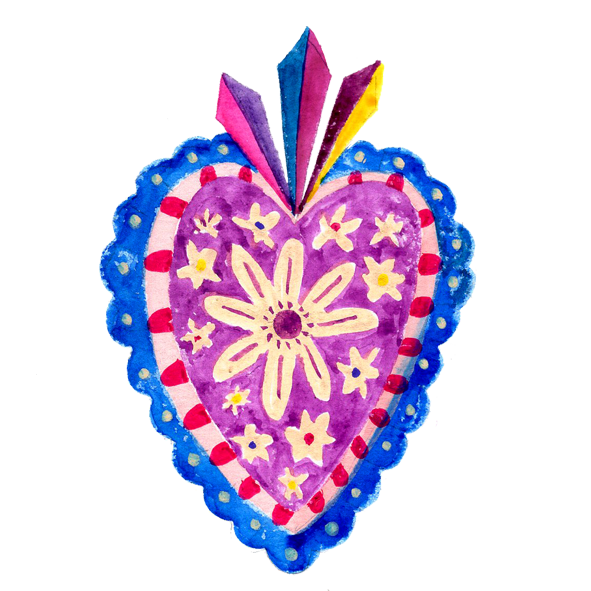 Decorative heart-shaped ornament with colorful feathers on top, featuring a hand-painted purple heart with yellow and white floral patterns and a blue scalloped border.