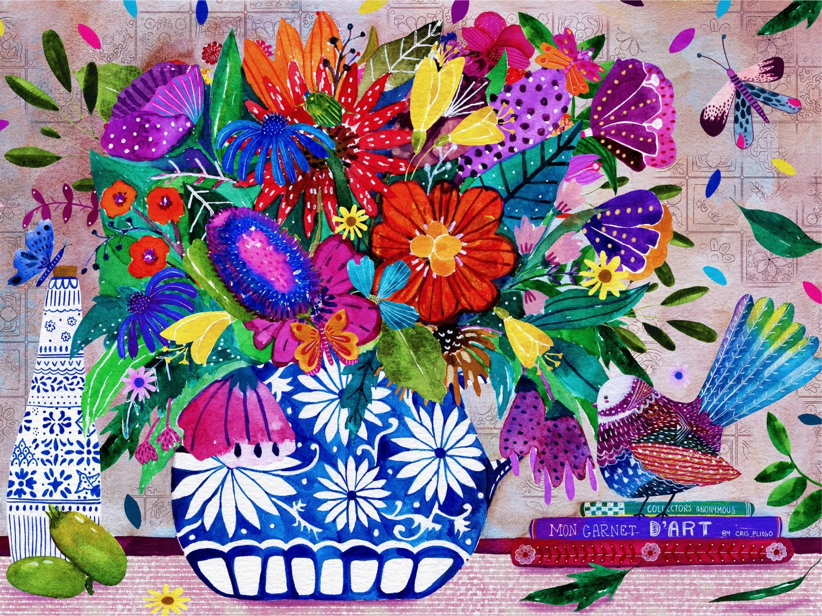 Sunday bunch - colourful still life floral with new zealand native flowers, feijoa and fantail, piwakawaka - Watercolour artwork by Cris Pliego