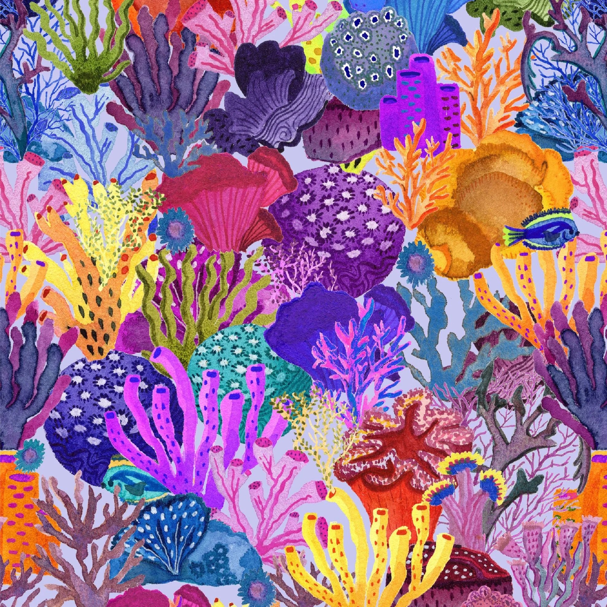 A colorful, vibrant painting of various coral and sea life, including different shapes and colors of coral, sea anemones, and a small fish.