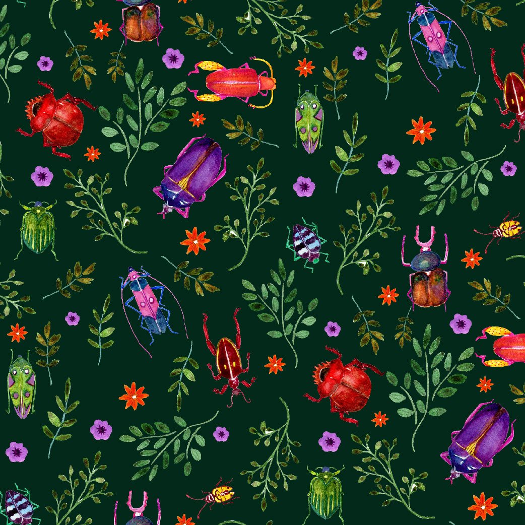 Available for Licensing - Raster - Surface Pattern Design - Beetles Insects Analogue Watercolour Art Colourful by Cris Pliego