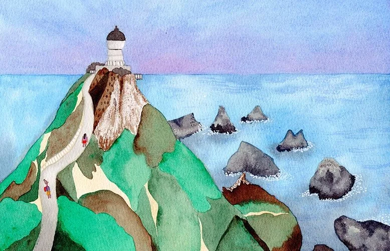 A watercolour painting of nugget Point