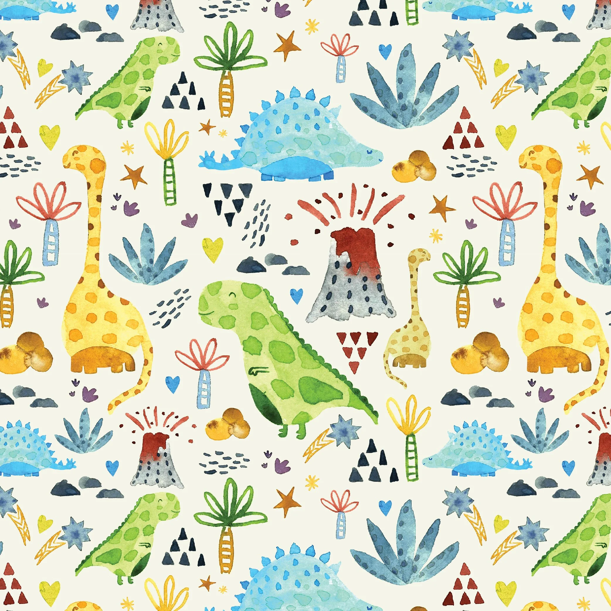 Available for Licensing - Raster - Available for Licensing - Surface Pattern Design - Dinosaurs Analogue Watercolour Art Colourful by Cris Pliego