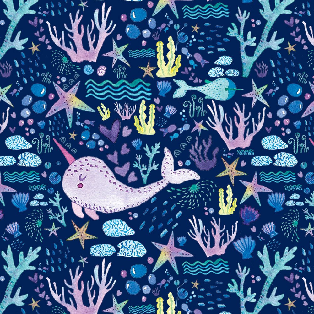Available for Licensing - Raster - Surface Pattern Design - Ocean Narwhal Analogue Watercolour Art Colourful by Cris Pliego