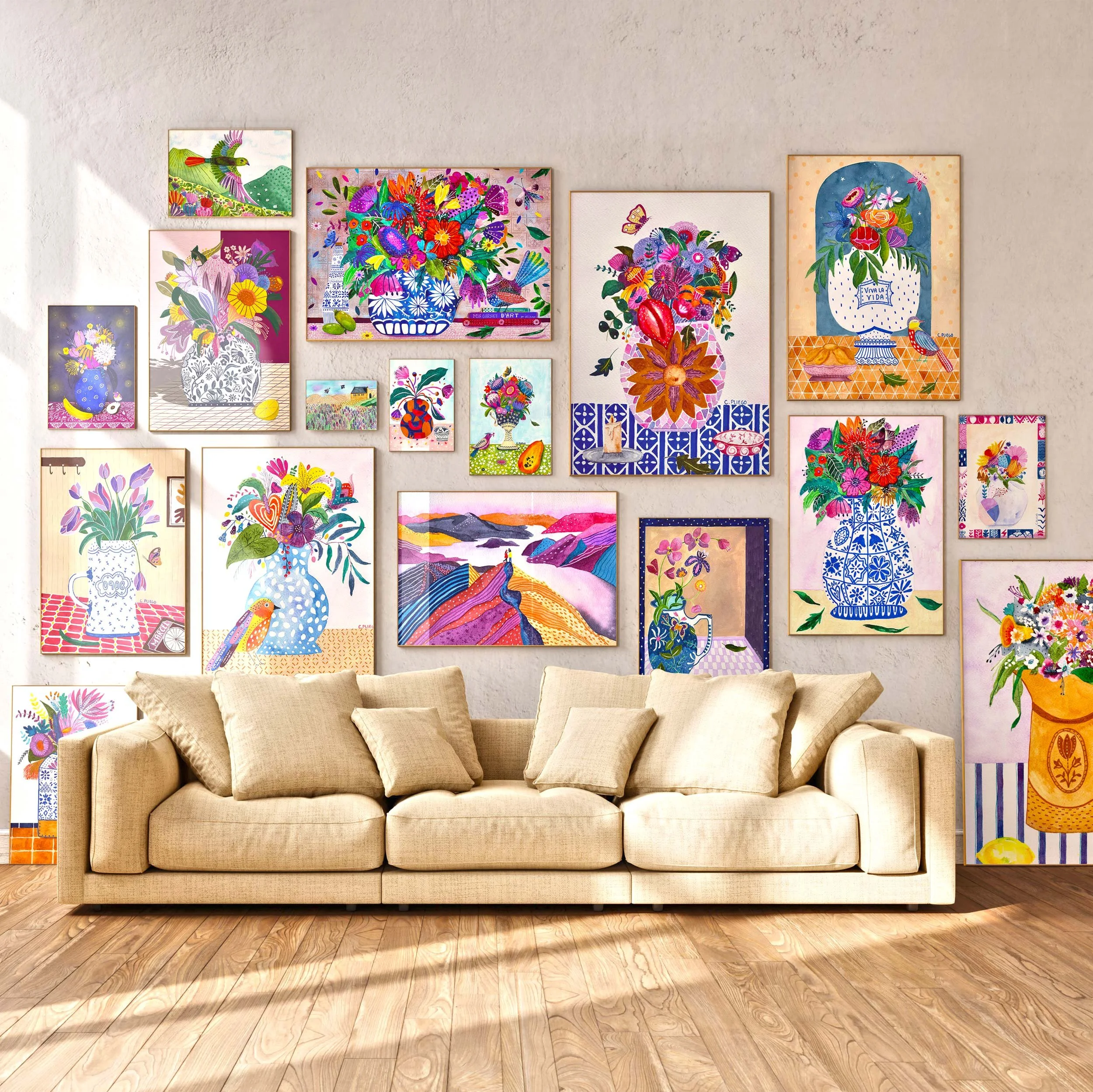 Living room decorated with colourful artwork painted by Cris Pliego