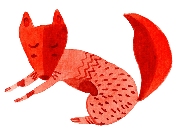 Watercolor illustration of a sleeping fox with closed eyes, curled up with a bushy tail.