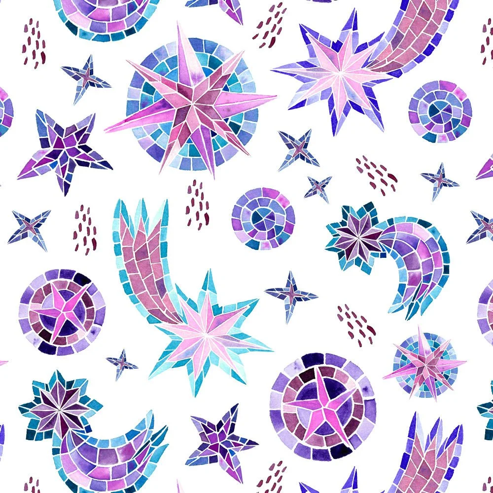Available for Licensing - Surface Pattern Design - Mosaic Stars Analogue Watercolour Art Colourful by Cris Pliego
