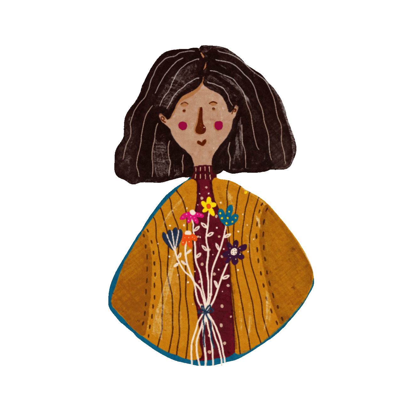 Illustration of a woman with dark brown hair and rosy cheeks, wearing a mustard-colored jacket with floral embroidery over a red shirt, on a bright green background.