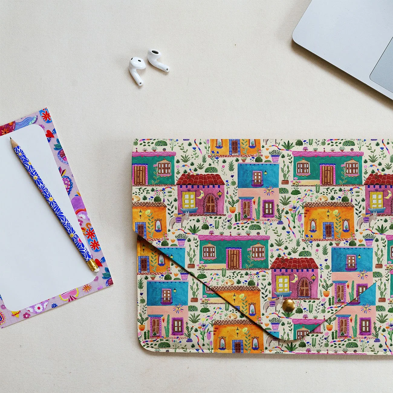 Artwork on Product - Stationery set, laptop sleeve - Mexican houses design by ris Pliego