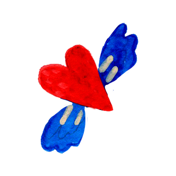 A red and blue heart-shaped plush toy with blue hands and white accents.