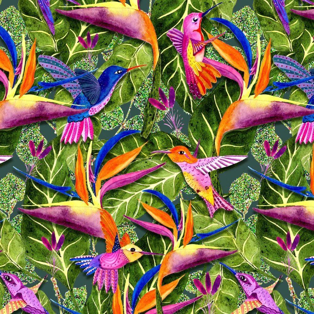Available for Licensing - Raster - Surface Pattern Design - Hummingbird birds Analogue Watercolour Art Colourful by Cris Pliego