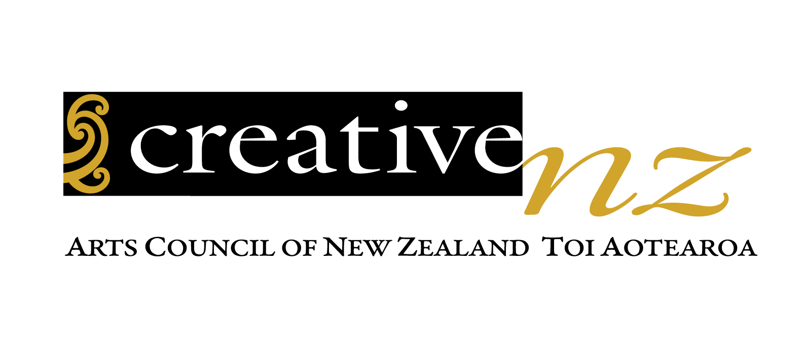 Logo with black background, gold ornamental swirl on the left, black script text in the middle, and gold script text 'nz' on the right.