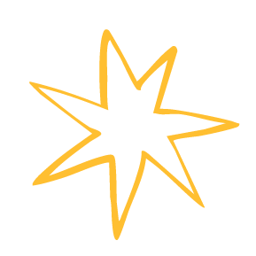 A yellow starburst with eight points on a black background.