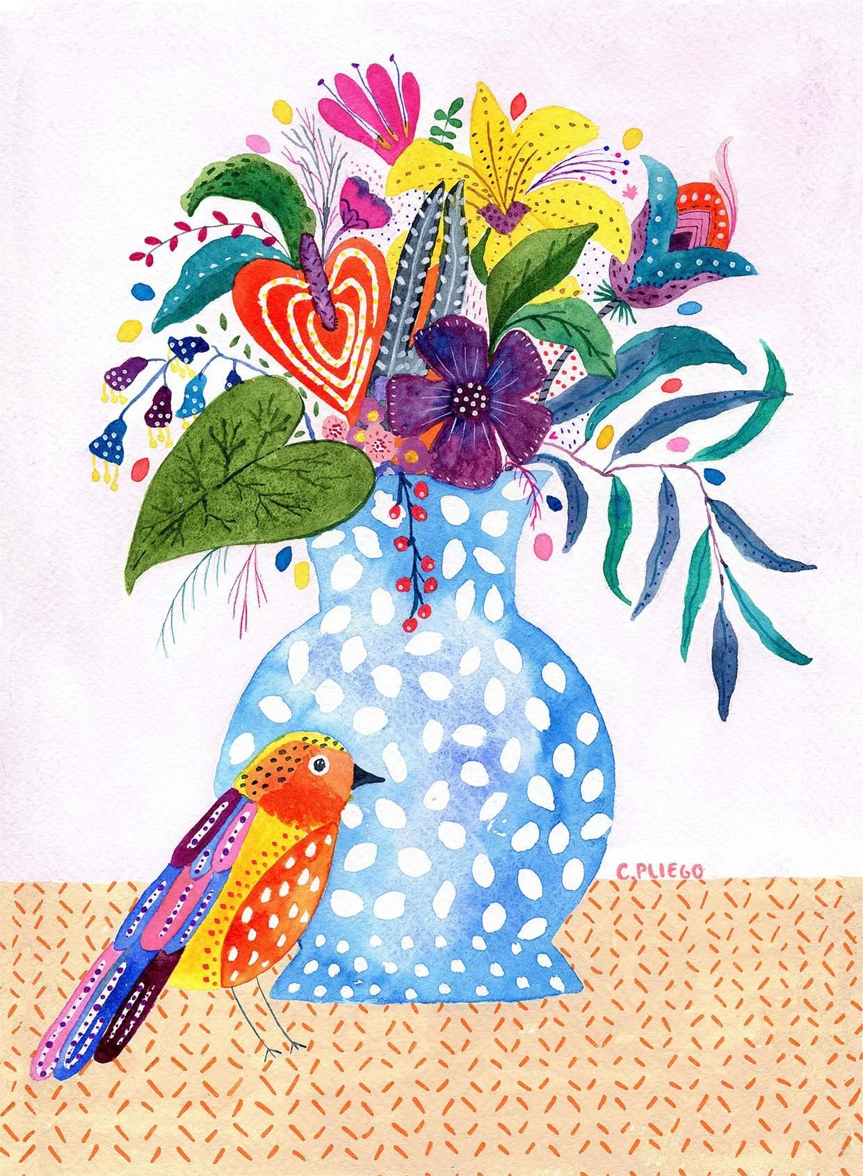 Still Life with Bird - Watercolour artwork by Cris Pliego