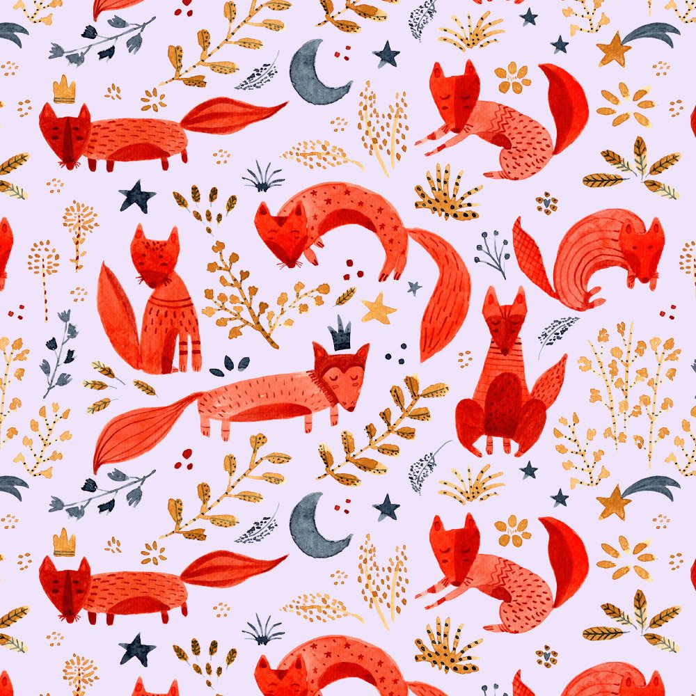 Available for Licensing - Raster - Surface Pattern Design - Foxes Analogue Watercolour Art Colourful by Cris Pliego