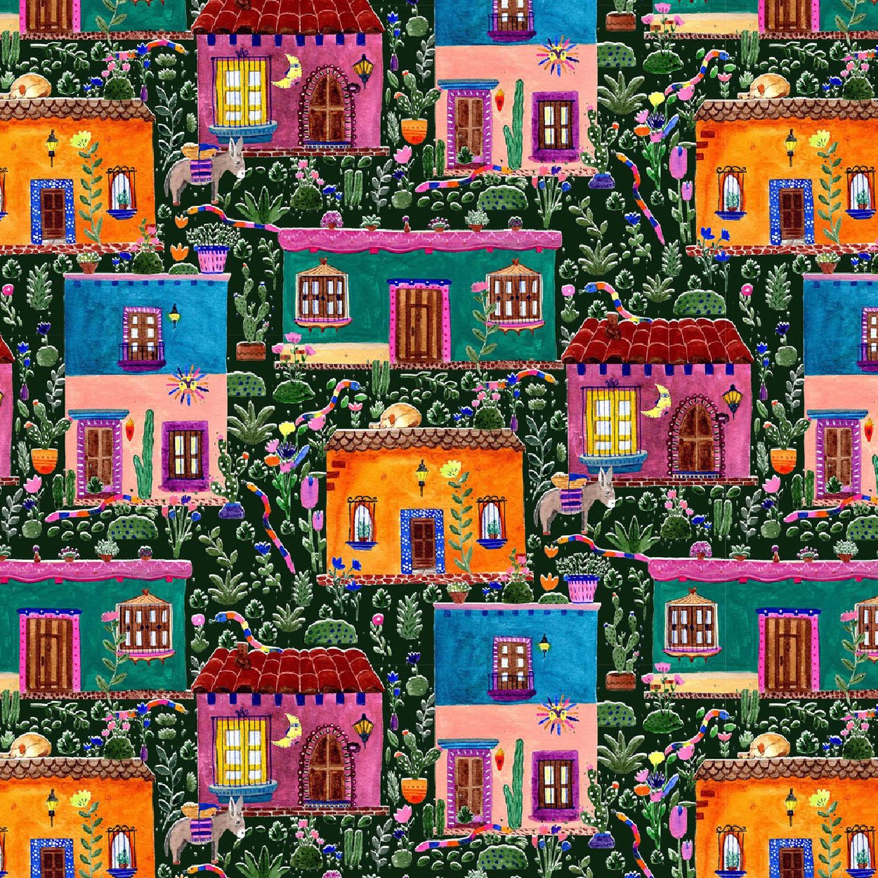 Available for Licensing - Surface Pattern Design - Mexican Folk Houses Art Analogue Gouache Art Colourful by Cris Pliego