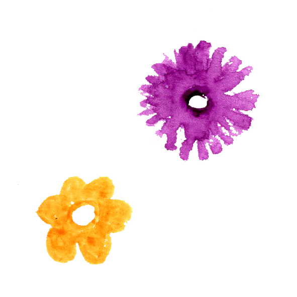 Two watercolor flowers, one purple and one yellow, on a black background.
