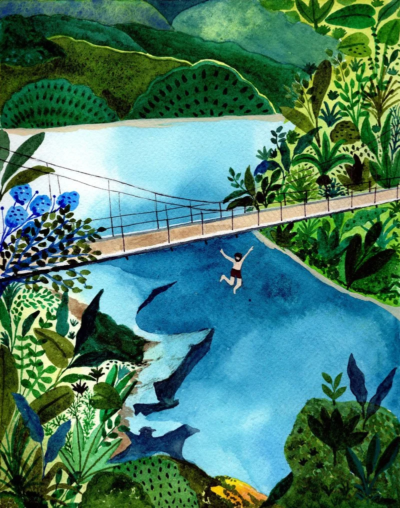 Just Jump - Blue Pools New Zealand - Watercolour artwork by Cris Pliego