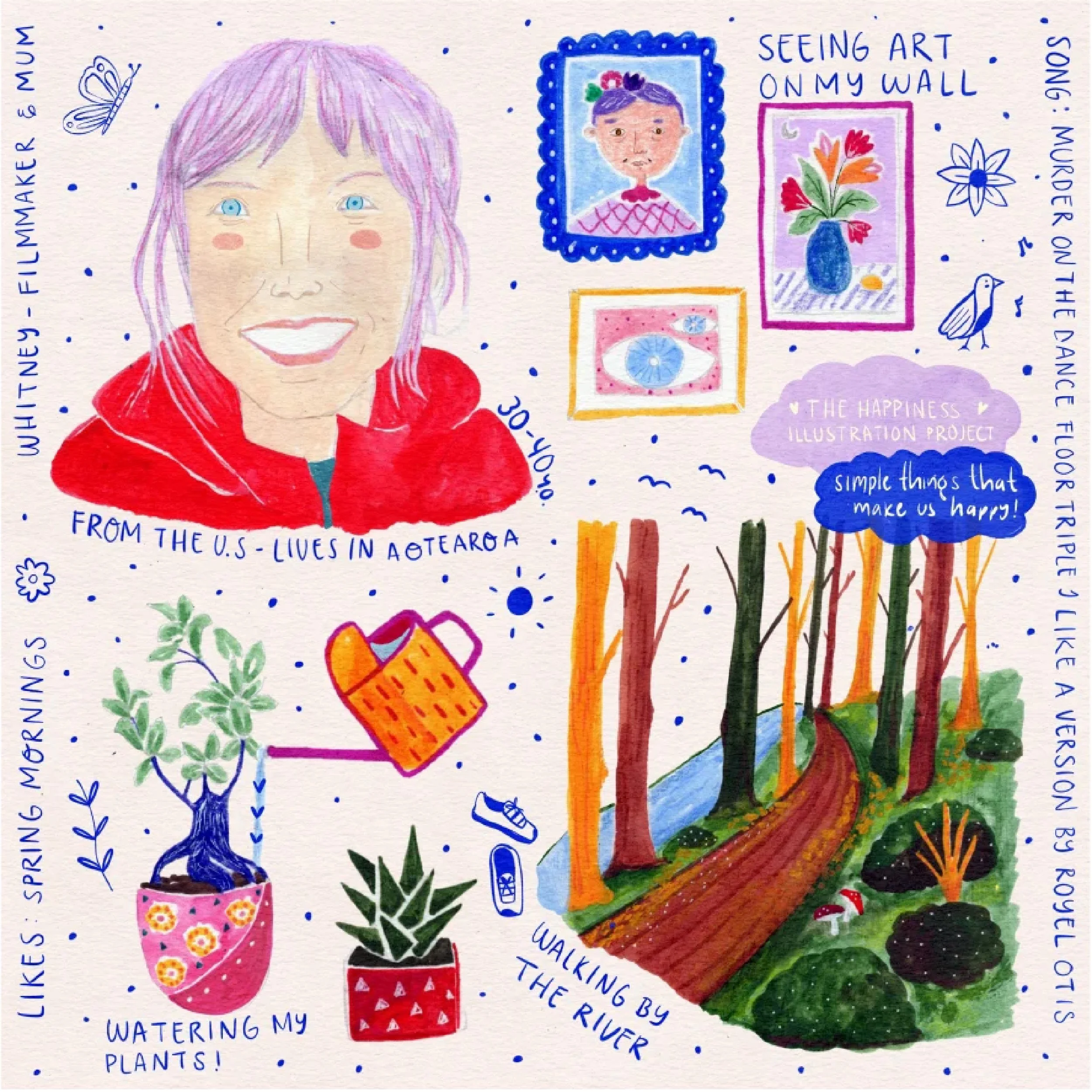 Colorful illustrated collage featuring a smiling woman with purple hair wearing a red hoodie, various framed artworks, a landscape with trees and a river, potted plants, and a watering can. Text includes personal details, quotes, and descriptions such as "Seeing art on my wall," "Watering my plants," "Walking by the river," and mentions of New Zealand and Auckland.