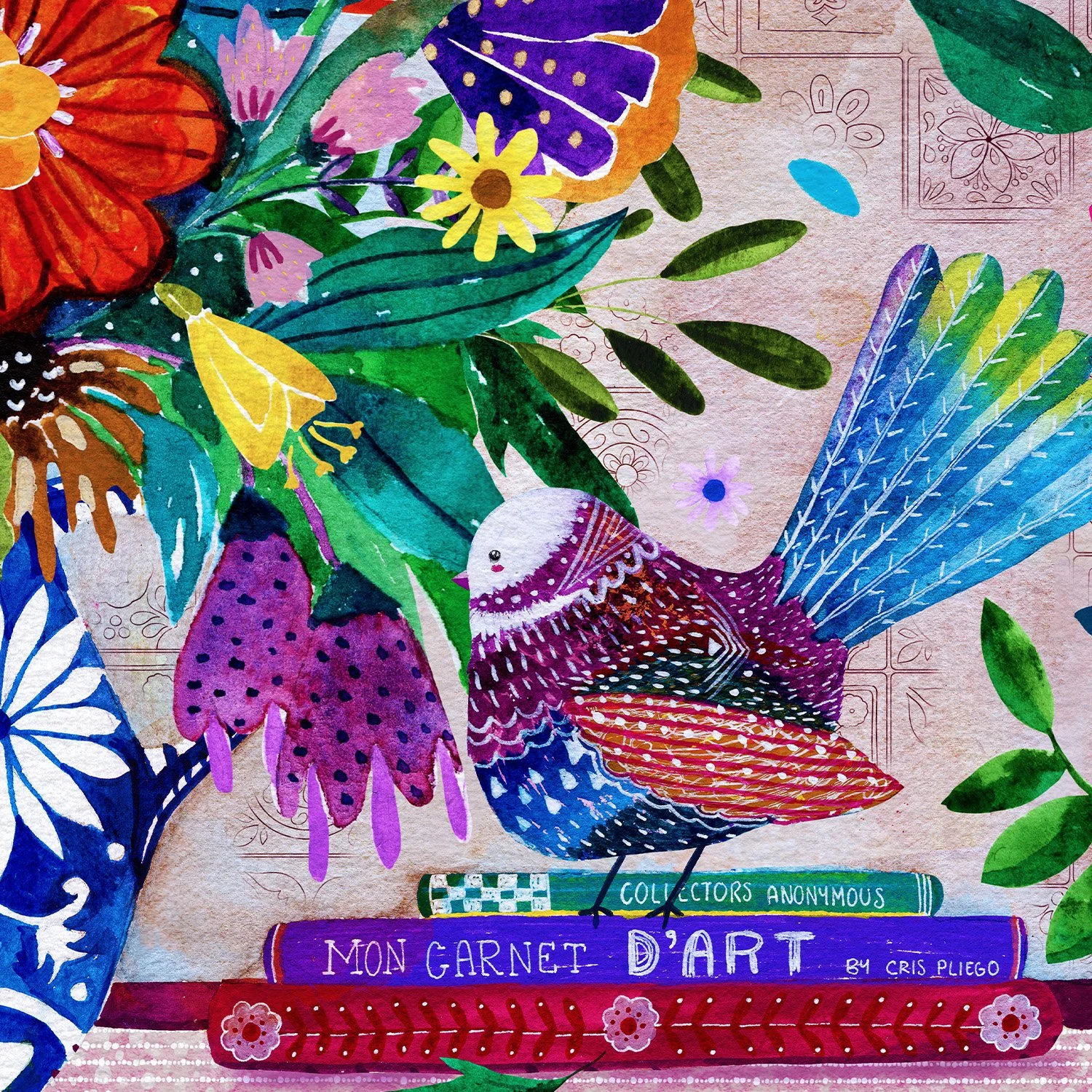 Colorful watercolor illustration of a bird with vibrant feathers perched on top of three stacked books. The books are titled 'Collectors Anonymous,' 'Mon Garnet D'Art by Cris Pliego,' and a third partially visible red book. Surrounding the bird and books are various colorful flowers and green leaves, set against a textured light pink background.