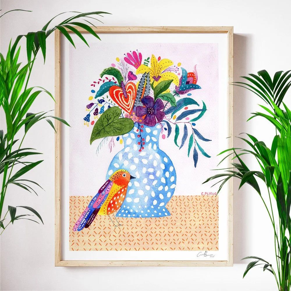 Still Life with Bird Floral Art Print