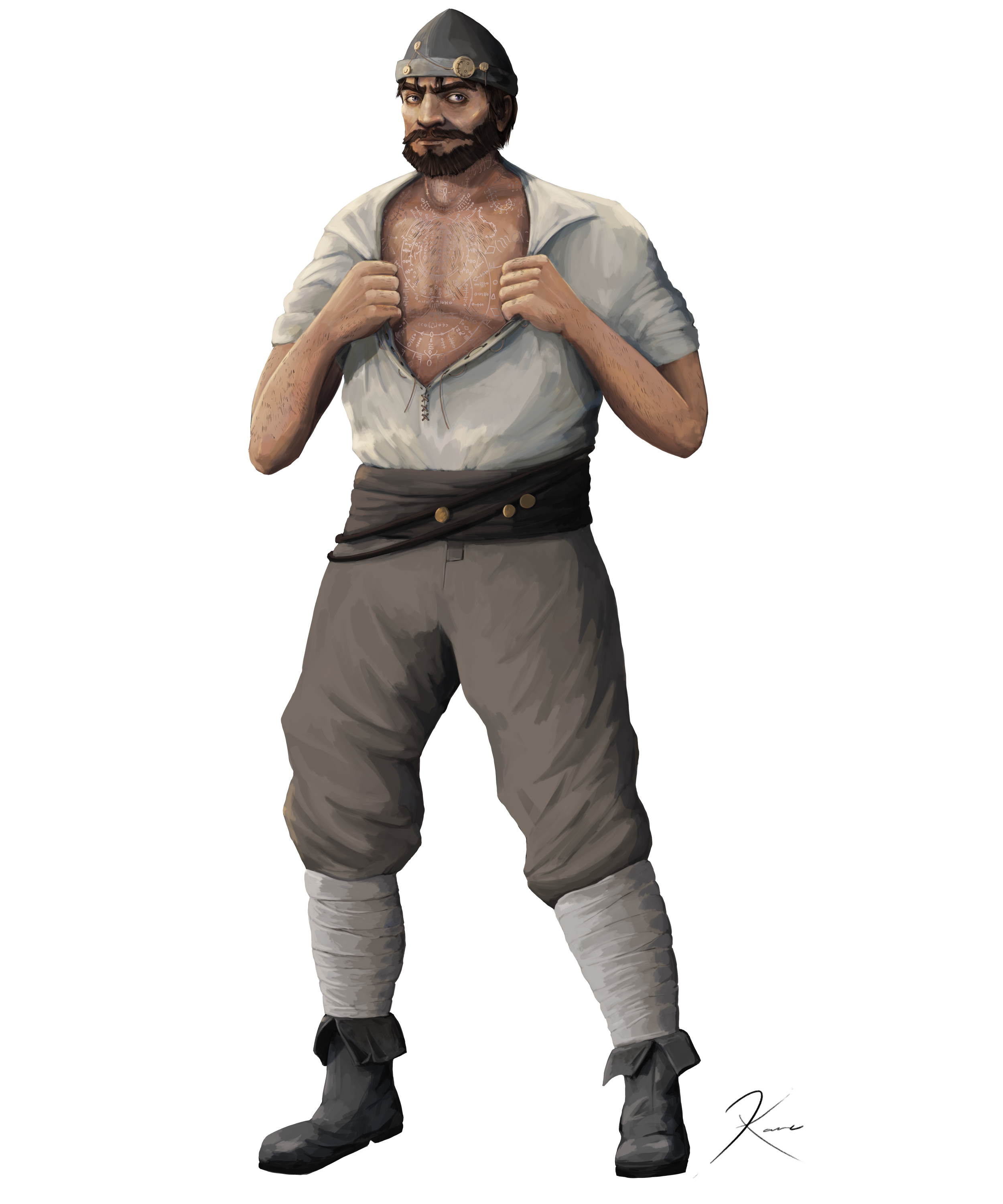 Illustration of a muscular man with a beard, wearing a hat and open shirt revealing tattoos on his chest, standing confidently with fists clenched.