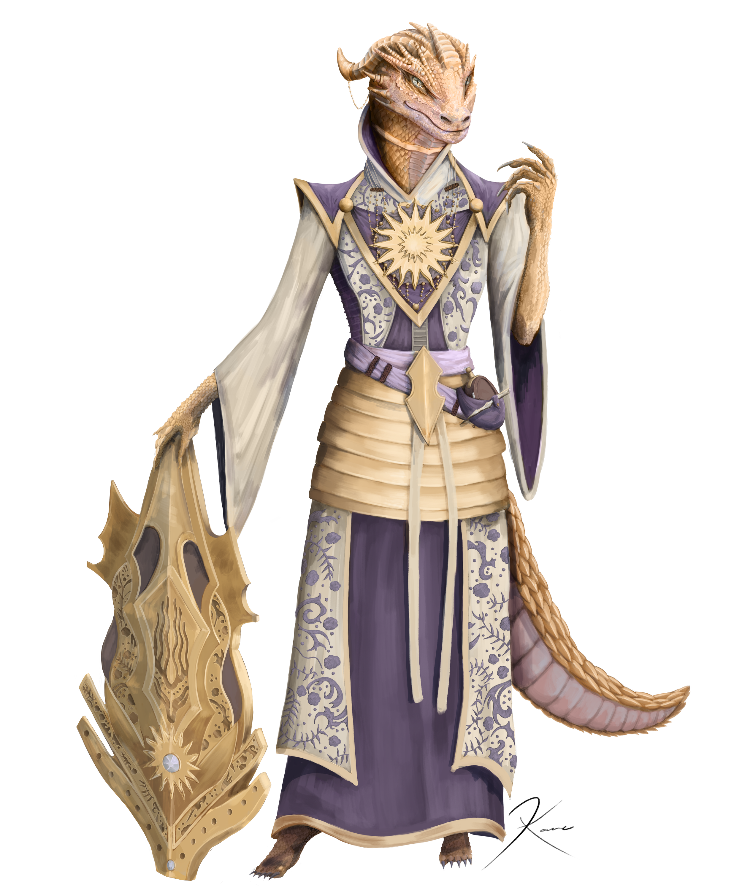 A humanoid dragon character wearing royal robes and jewelry, holding a large ornate shield, standing in a regal pose.