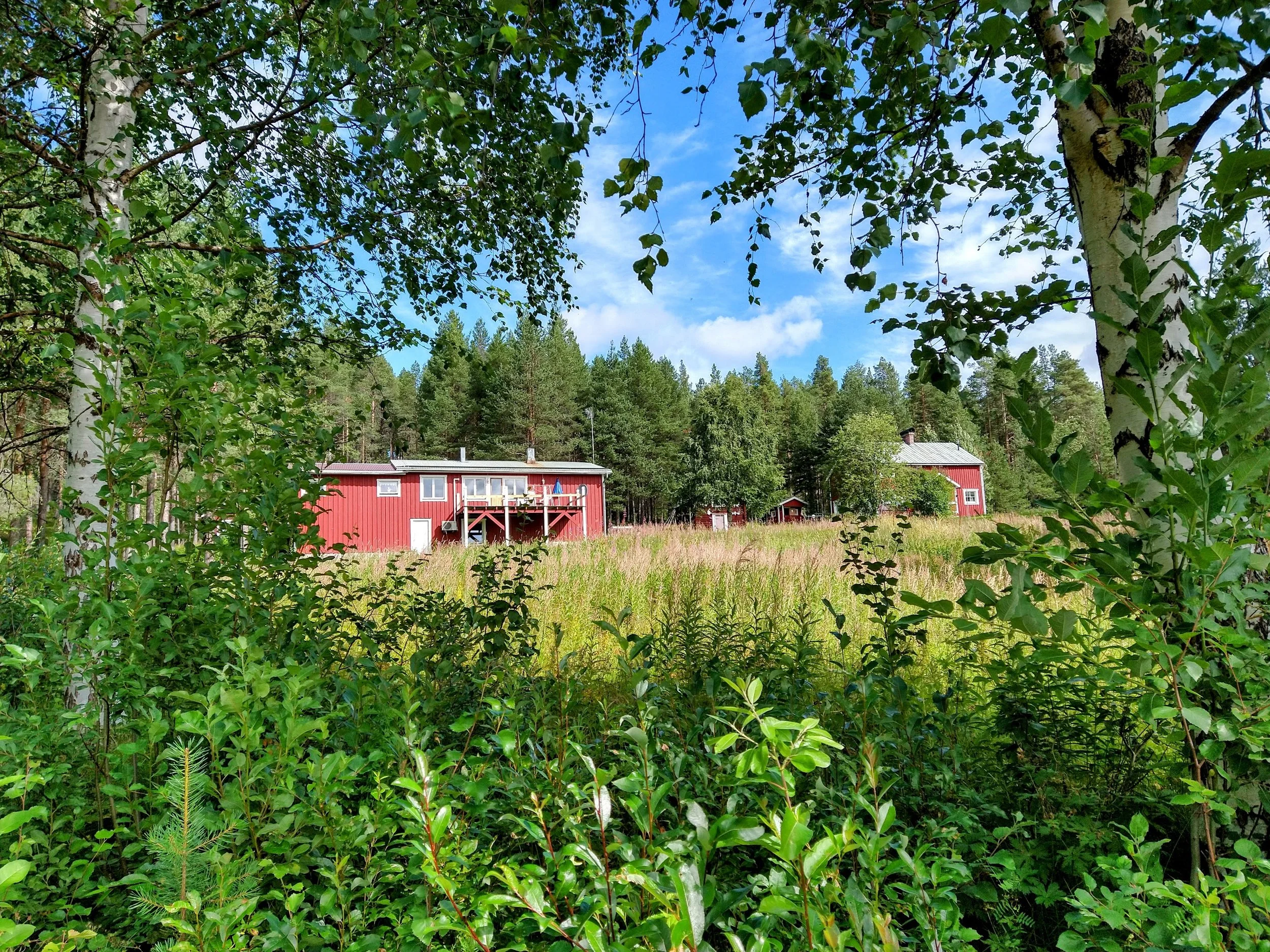 Red wooden house with a second-story deck situated in a green field, surrounded by trees on a bright, partly cloudy day.