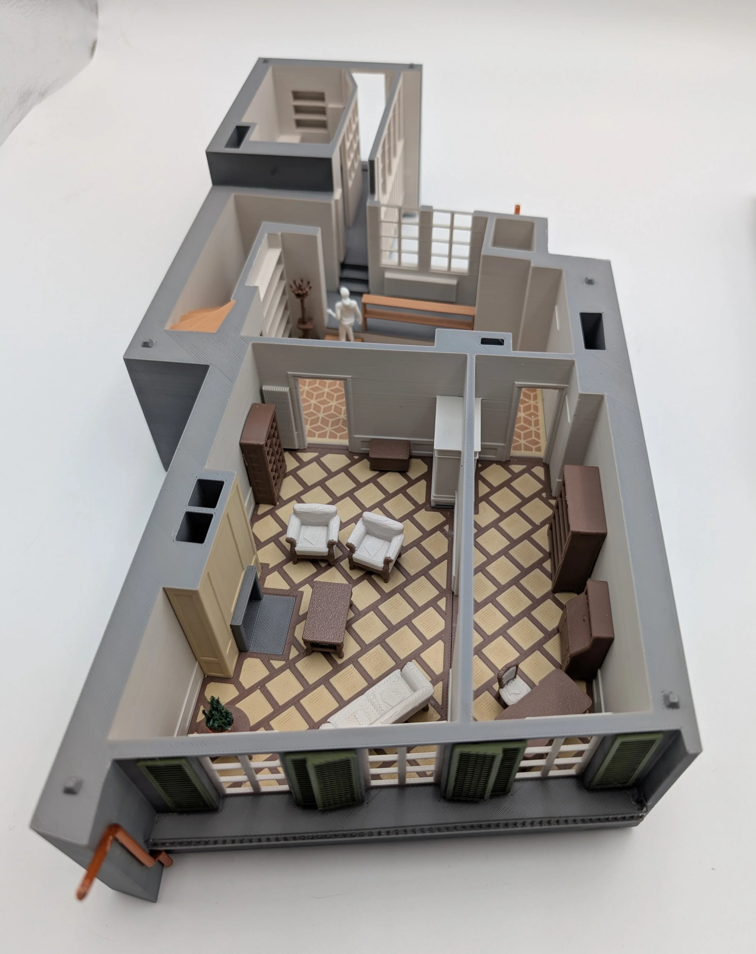 Detail 3D-Modell Innenausbau: Darstellung von Tafelparkett, Wabenmuster und Cheminée.