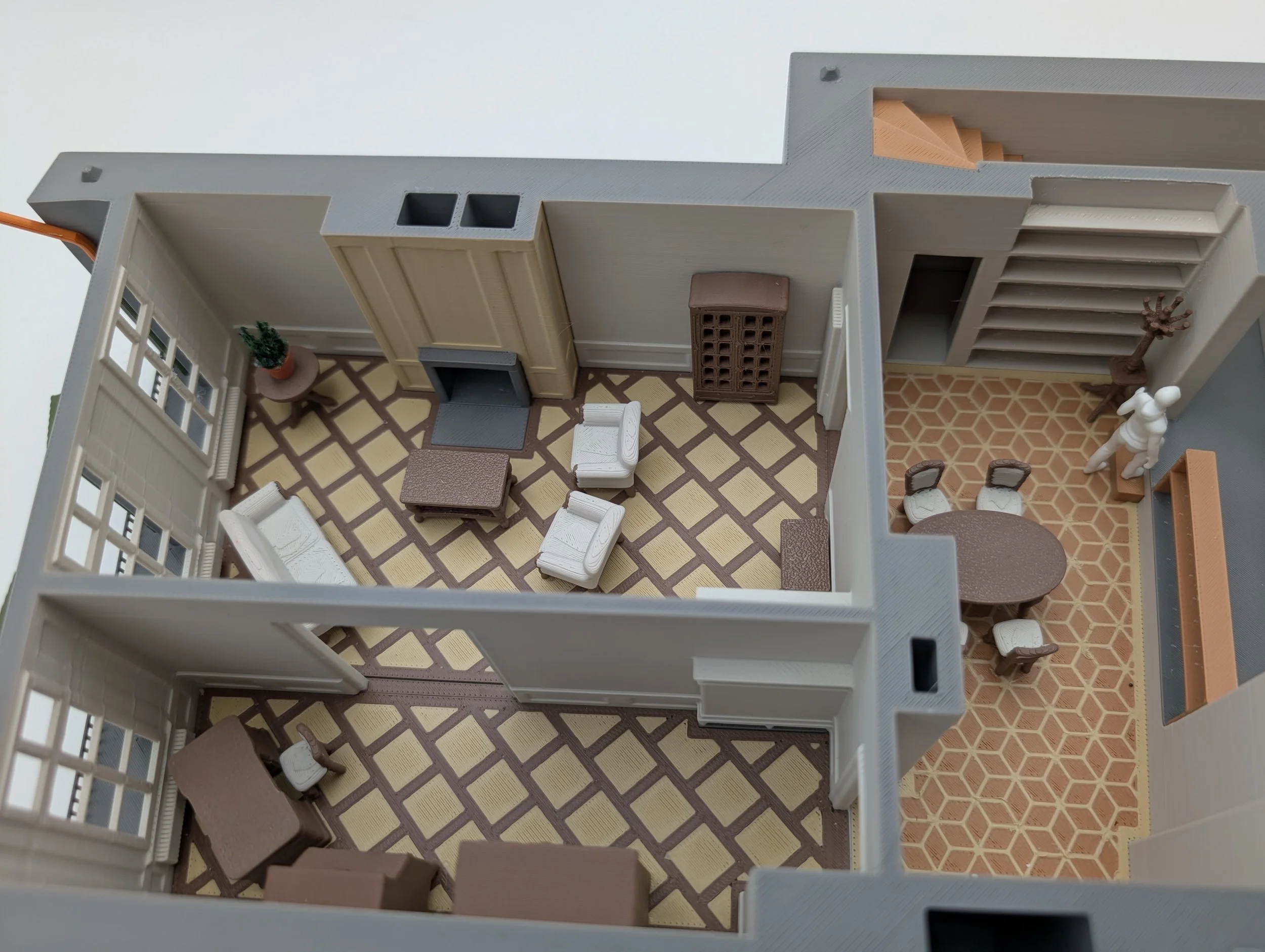 Physischer 3D-Grundriss: Draufsicht Beletage mit massstabsgetreuem Parkett und Einbauten, 1:50.