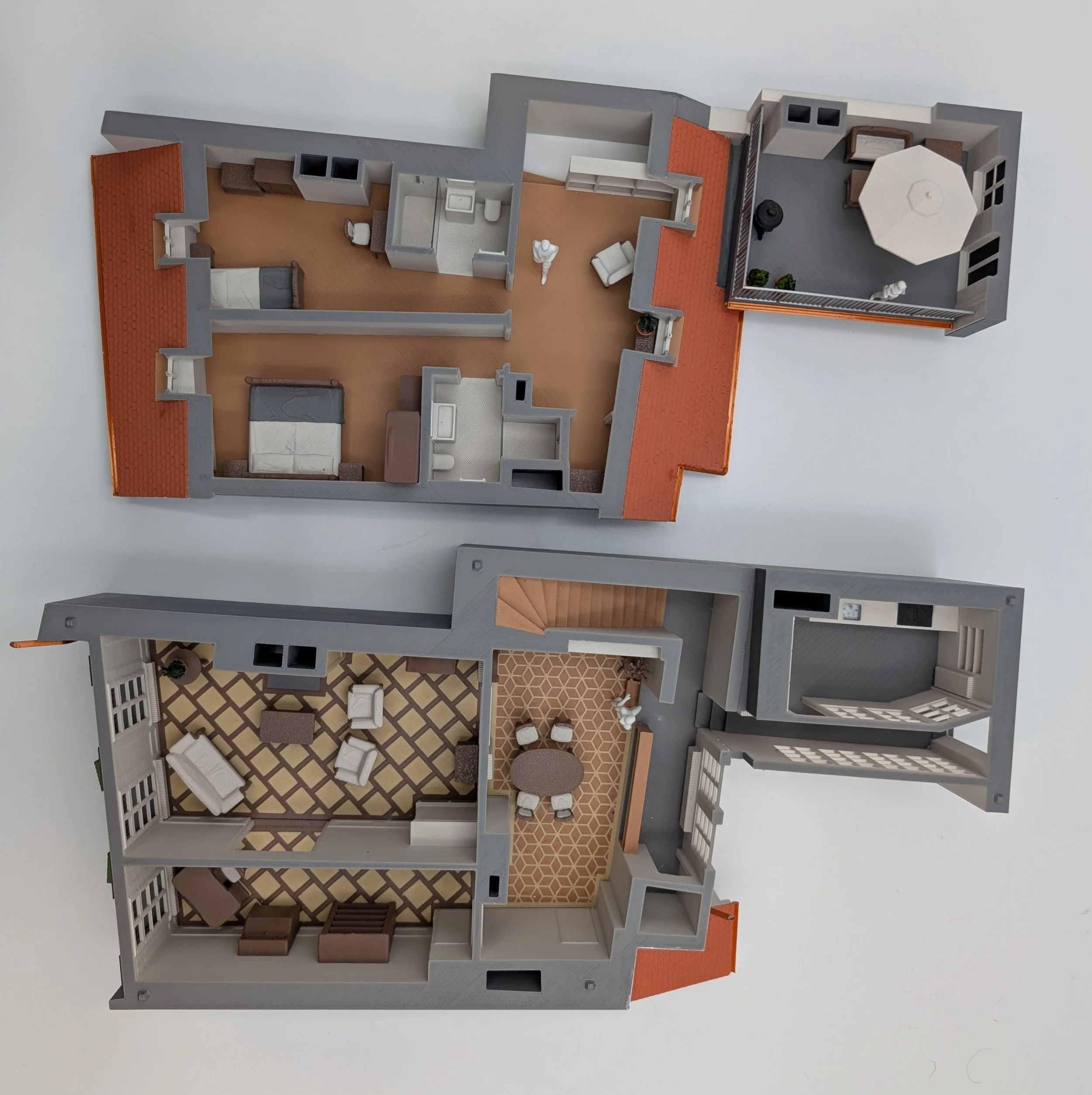 3D-Grundriss Vogelperspektive: Raumaufteilung beider Etagen als Architekturmodell, 1:50.