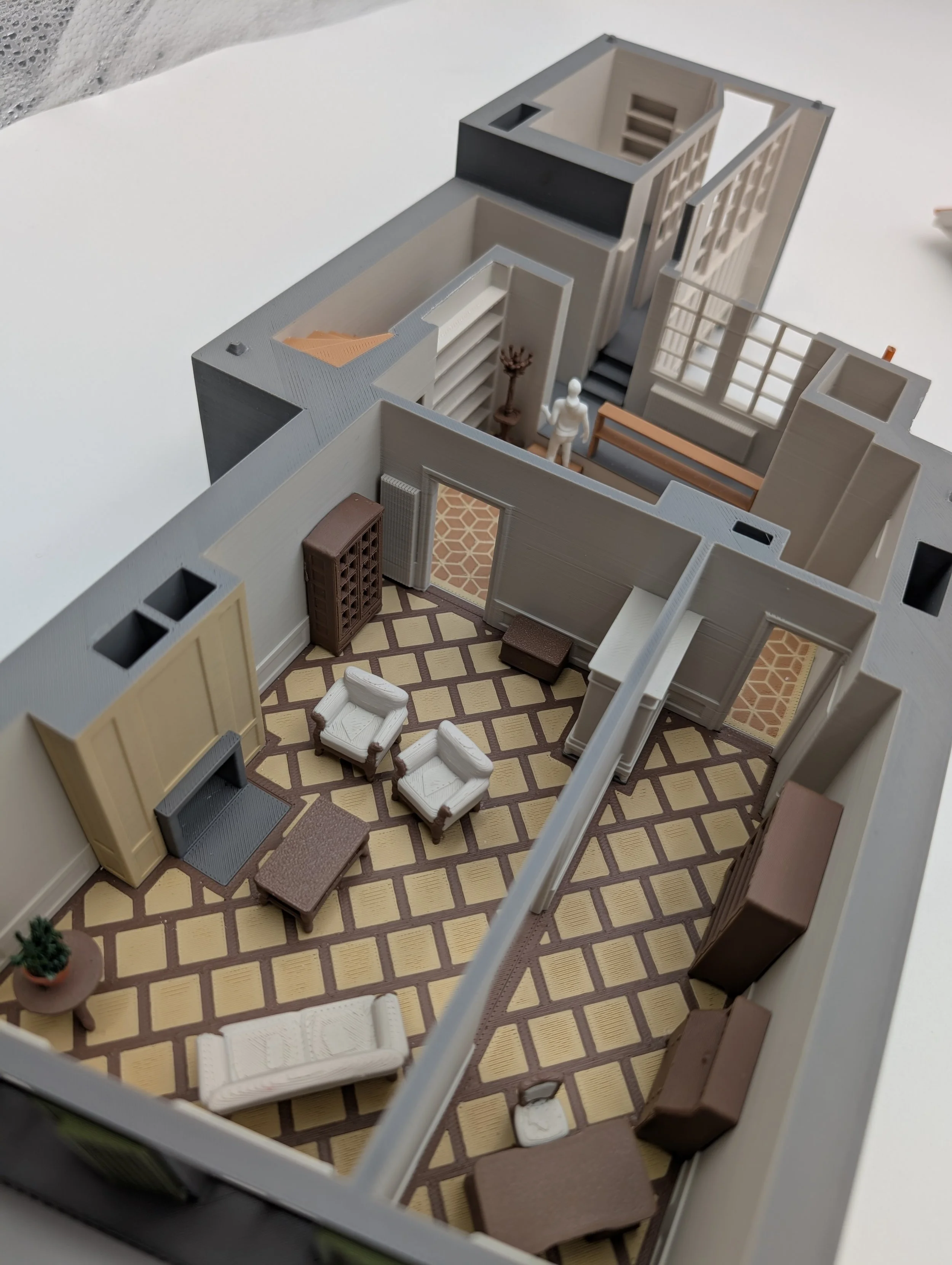 3D-Schnittmodell Wohn- und Essbereich: Visualisierung von Sichtachsen und Volumen.