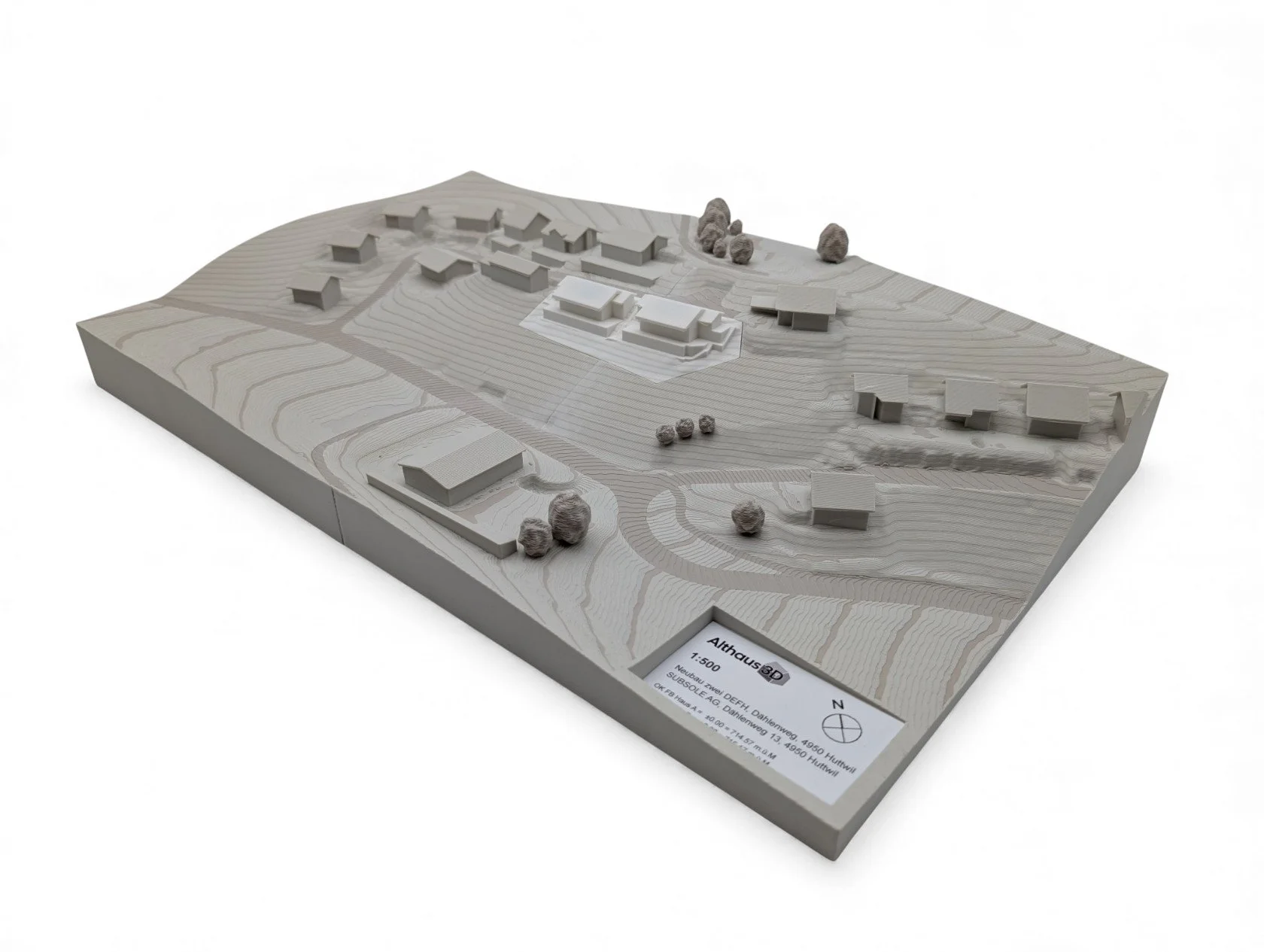 Gesamtansicht eines 3D-gedruckten Weissmodells für die Baueingabe einer Wohnsiedlung in Bern, Schweiz