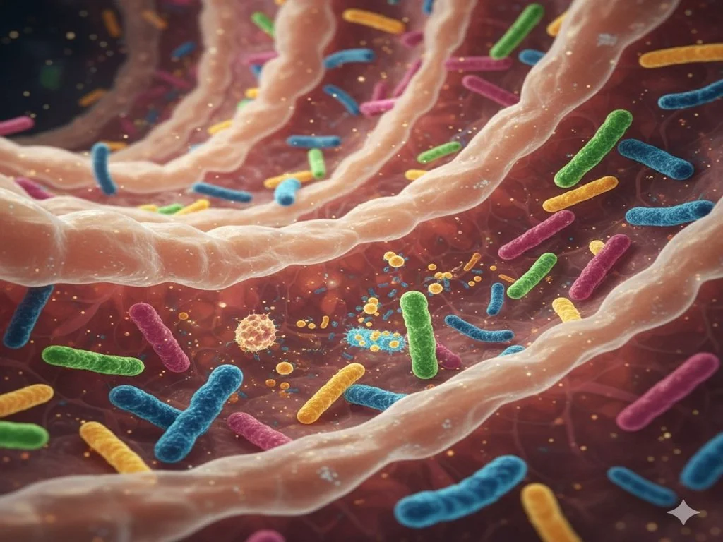 Illustratie van de darmflora met kleurrijke bacteriën in de darmen.
