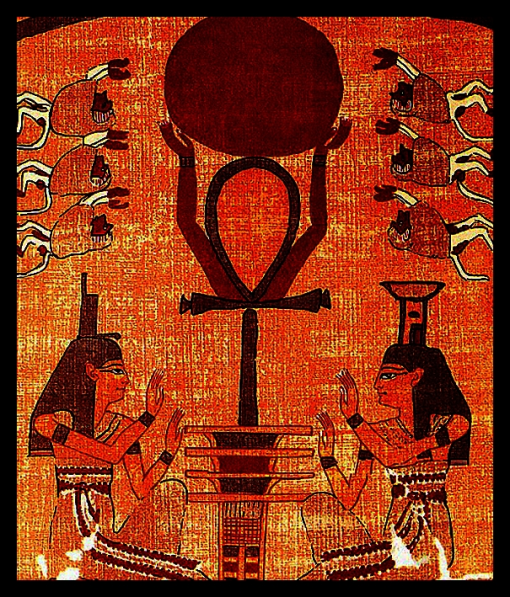 Ancient Egyptian art depicting two seated figures facing each other with hands raised, flanking a large central ankh symbol, and surrounded by vultures on each side, all set against a reddish background.