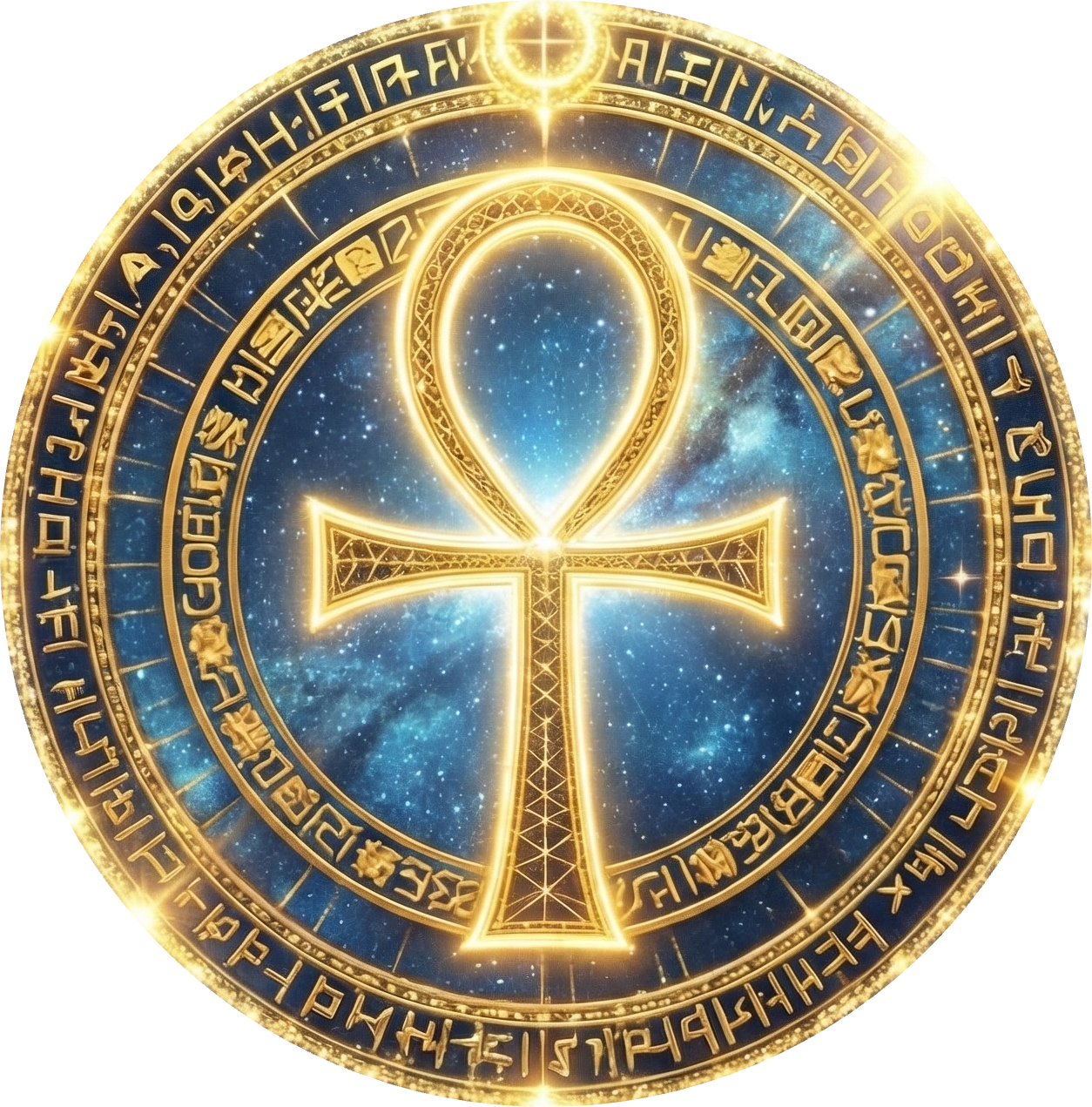 A glowing gold ankh symbol in the center of a circular design with Egyptian-style hieroglyphs and symbols, set against a starry cosmic background.