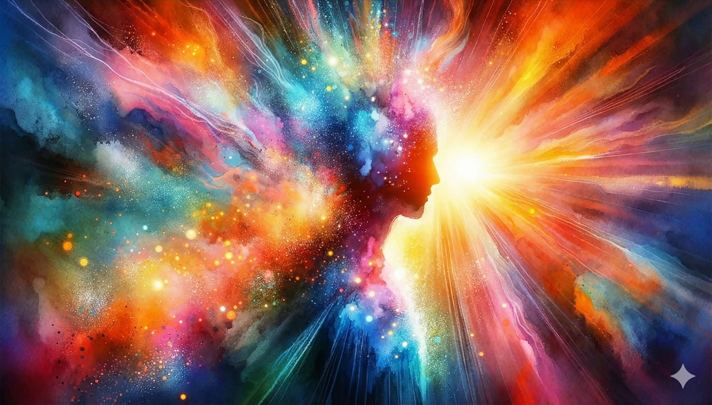 Abstract digital artwork of a human profile silhouette with a colorful explosion of cosmic clouds, stars, and light radiating outward from the face, symbolizing consciousness and creativity.